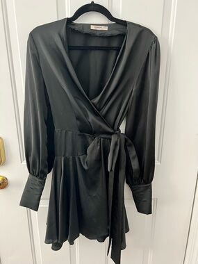 Glamorous Black Satin Wrap Mini Dress with Tie Waist
